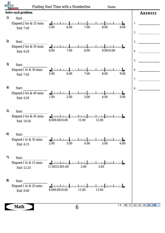 Finding Start Time With A Numberline Worksheet Template With Answer Key Printable pdf