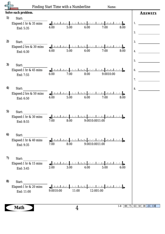 Finding Start Time With A Numberline Worksheet Template With Answer Key Printable pdf