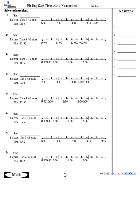 Finding Start Time With A Numberline Worksheet Template With Answer Key Printable pdf