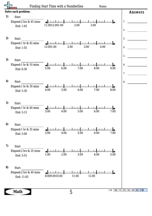 Finding Start Time With A Numberline Worksheet Template With Answer Key Printable pdf