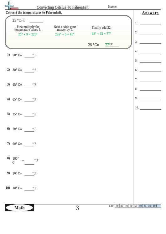 Converting Celsius To Fahrenheit Worksheet Template With Answer Key Printable pdf