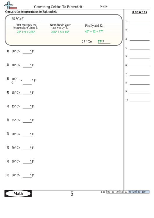 Converting Celsius To Fahrenheit Worksheet Template With Answer Key ...