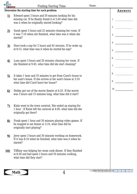 Finding Starting Time Worksheet Template With Answer Key Printable pdf