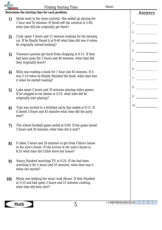 Finding Starting Time Worksheet Template With Answer Key Printable pdf