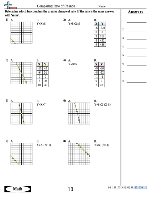 Comparing Rate Of Change Worksheet Template With Answer Key Printable 