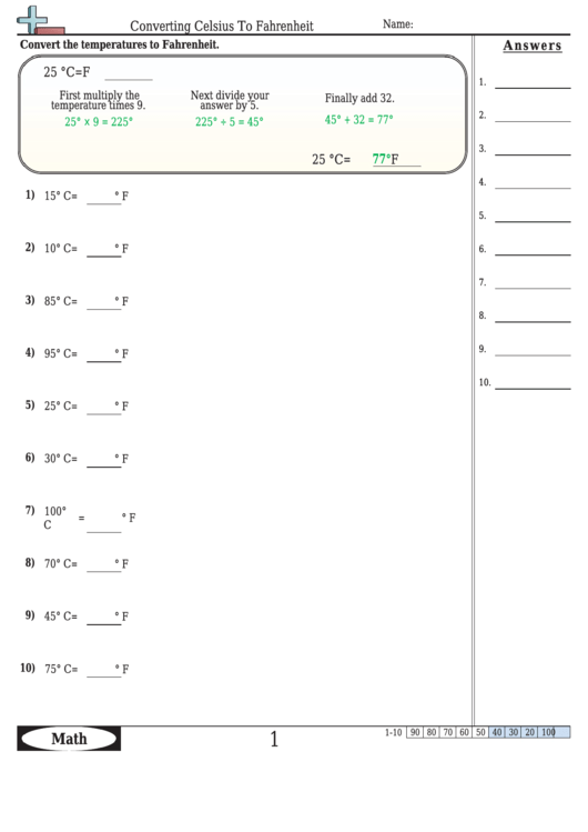 Converting Celsius To Fahrenheit Worksheet Template With Answer Key 