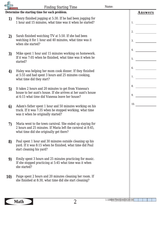 Finding Starting Time Worksheet Template With Answer Key Printable pdf