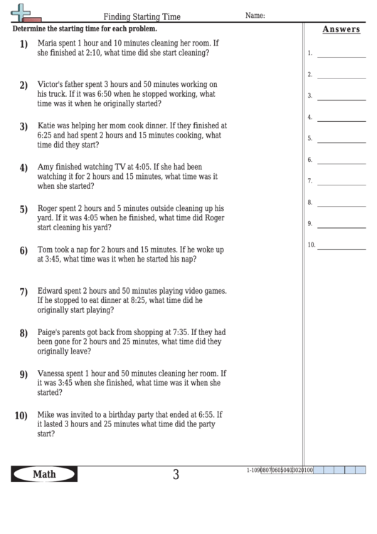 Finding Starting Time Worksheet Template With Answer Key Printable pdf