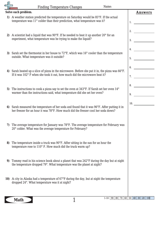 Finding Temperature Changes Worksheet Template With Answer Key Printable pdf