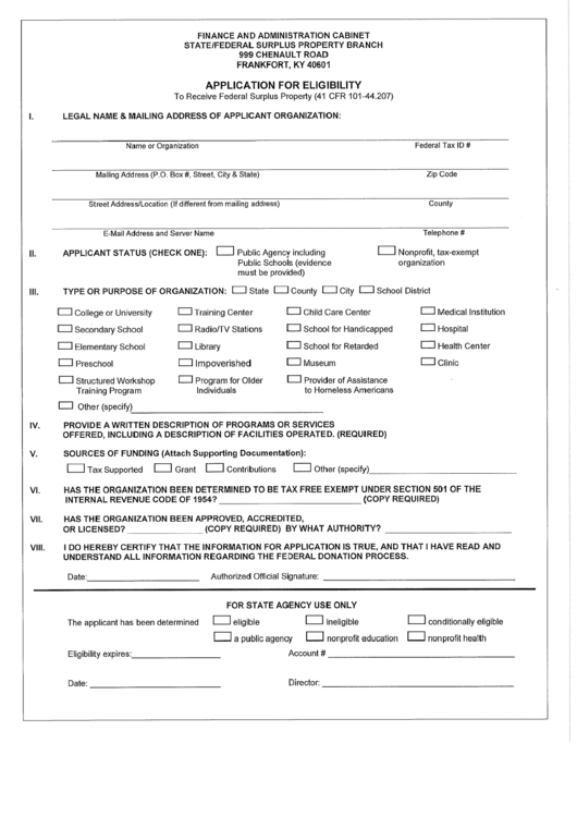 Application For Eligibility - Kentucky Finance And Administration Cabinet Printable pdf