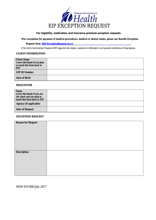 Form Doh 410-068 - Eip Exception Request - Washington Department Of Health Printable pdf
