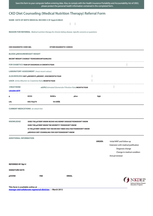Fillable Diet Counseling (Medical Nutrition Therapy) Referral Form Printable pdf