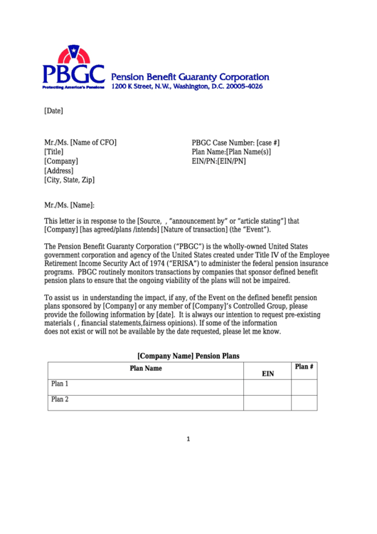 Pension Plans Letter - Pbgc Form Printable pdf