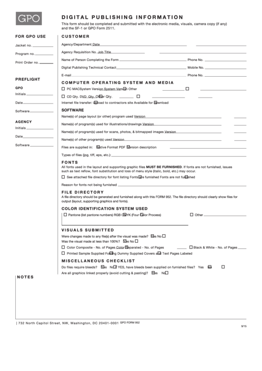 Fillable Gpo Form 952 - Digital Publishing Information Printable pdf