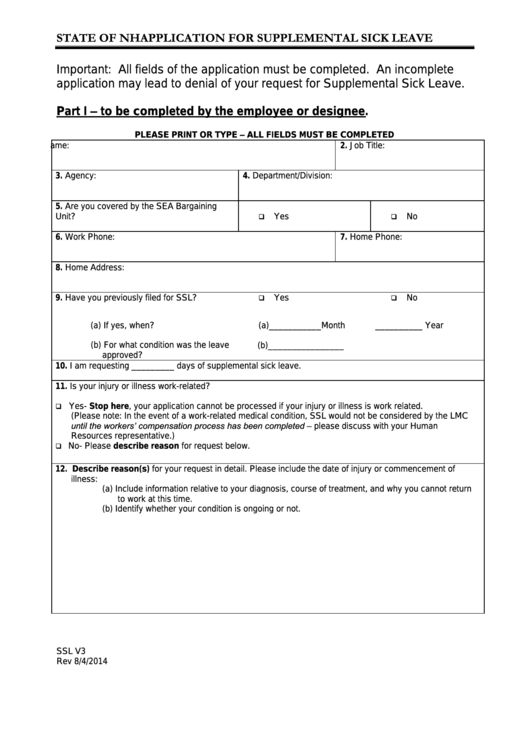 Form Ssl - Application For Supplemental Sick Leave Printable pdf