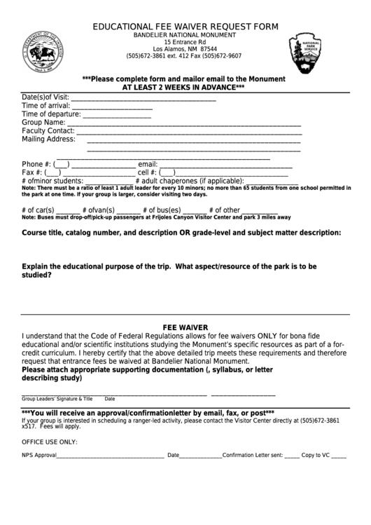 Fillable Educational Fee Waiver Request Form - U.s. Department Of The Interior Printable pdf