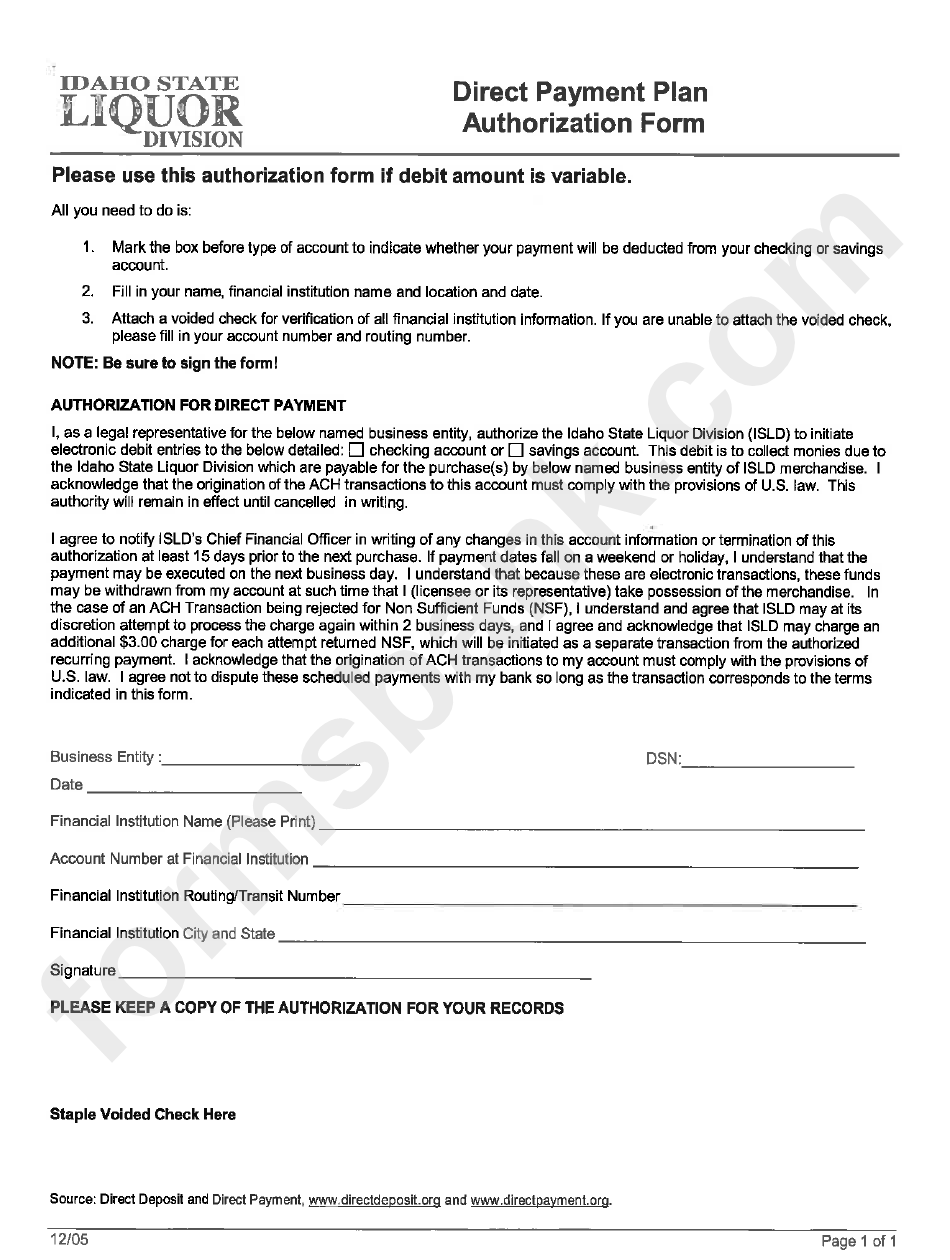 Direct Payment Plan Authorization Form - Idaho State Liquor Division