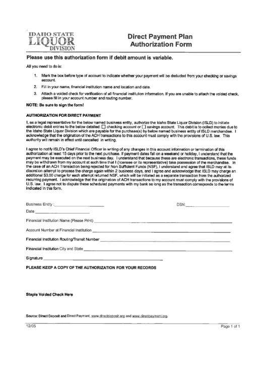 Fillable Direct Payment Plan Authorization Form - Idaho State Liquor Division Printable pdf
