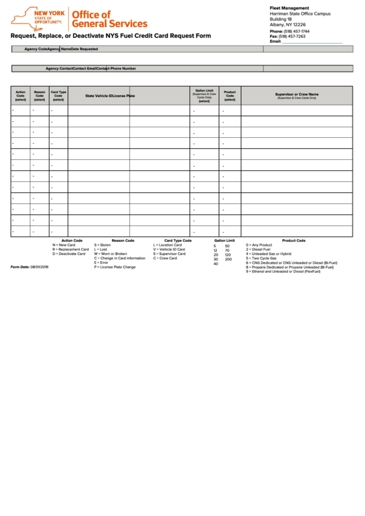 Fillable Request, Replace, Or Deactivate Nys Fuel Credit Card Request Form - New York Office Of General Services Printable pdf
