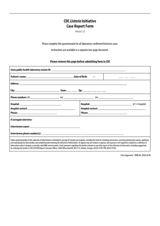 Case Report Form - U.s. Department Of Health And Human Services Printable pdf