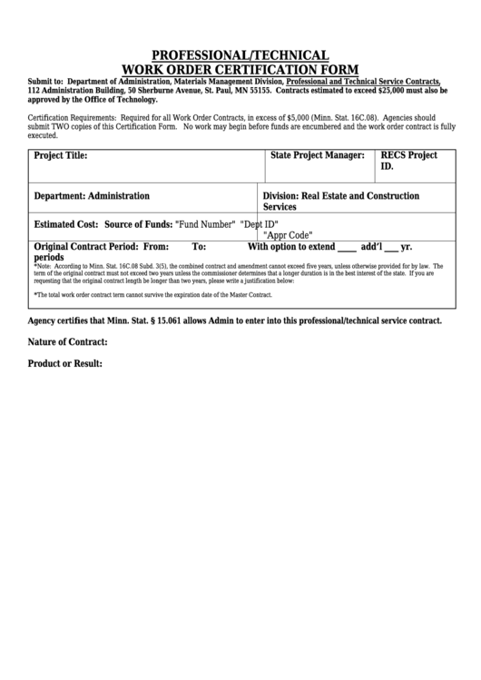 Professional/technical Work Order Certification Form - Minnesota Department Of Administration Printable pdf