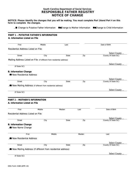 Fillable Dss Form 1548 - Responsible Father Registry Notice Of Change - South Carolina Department Of Social Services Printable pdf