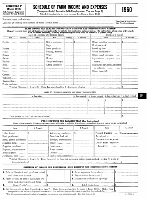 Schedule F Form 1040 Schedule Of Farm Income And Expenses 1960