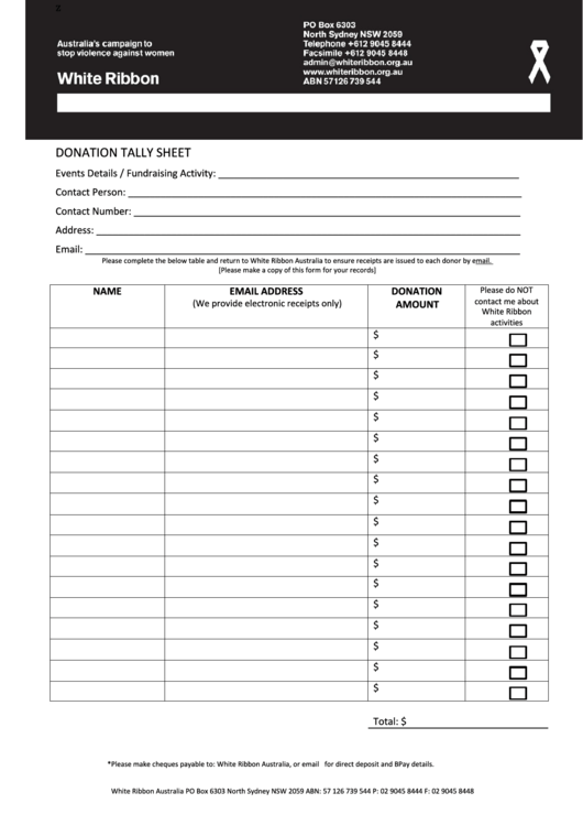 Donation Tally Sheet Printable pdf