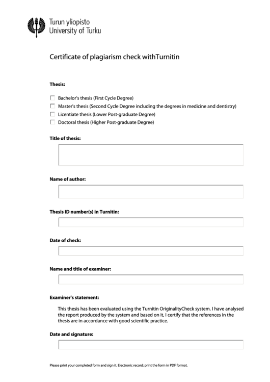 Fillable Certificate Of Plagiarism Check With Turnitin Template Printable pdf