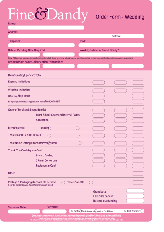 Wedding Order Form Printable pdf