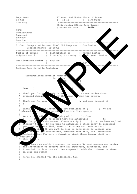 Form 1802c Draft - Final Urp Response To Conclusive Correspondence Printable pdf