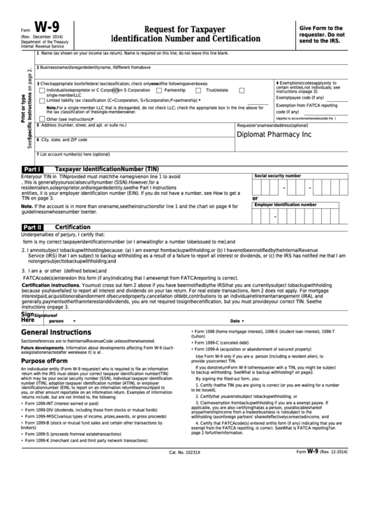 Fillable Form W-9 - Request For Taxpayer Identification Number And Certification - 2014 Printable pdf