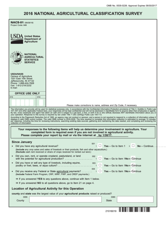 Form Nacs-01 - National Agricultural Classification Survey - 2016 Printable pdf