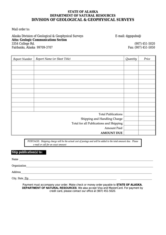 Order Form - Alaska Department Of Natural Resources Printable pdf