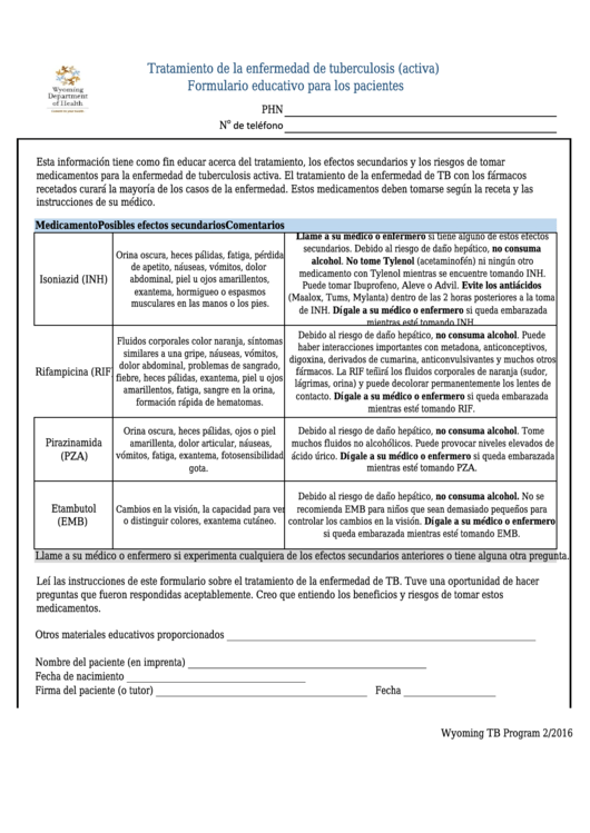 Formulario Educativo Para Los Pacientes - Wyoming Department Of Health Printable pdf