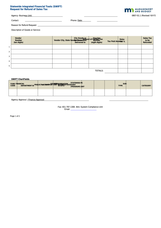 Fillable Form 0807-01.1 - Request For Refund Of Sales Tax Printable pdf