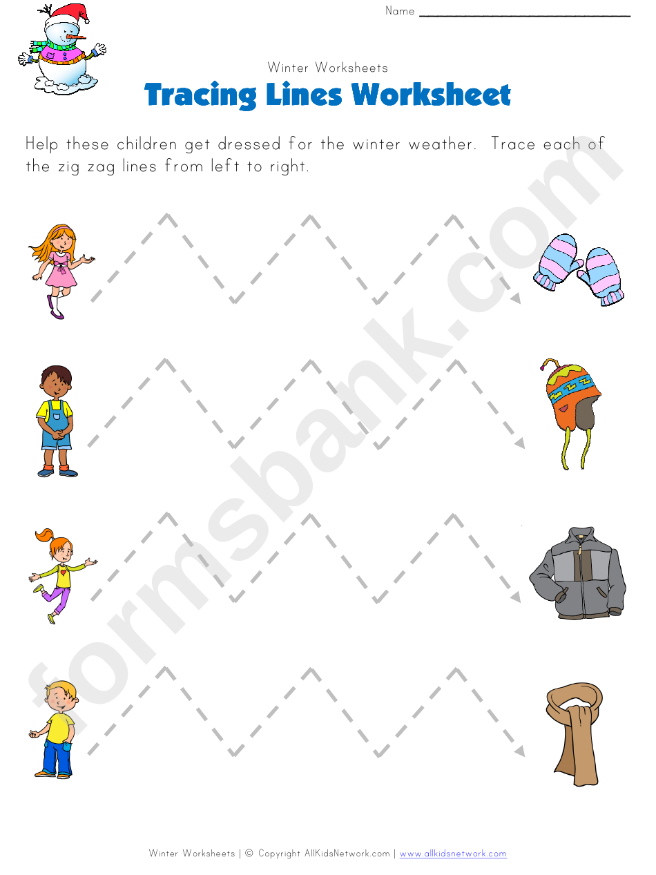 Winter Tracing Zigzag Lines Worksheet