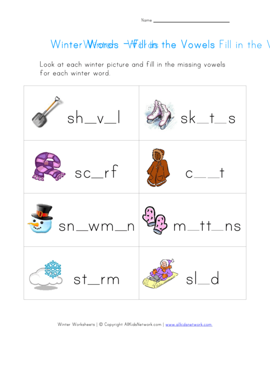Winter Words - Fill In The Vowels Worksheet Printable pdf