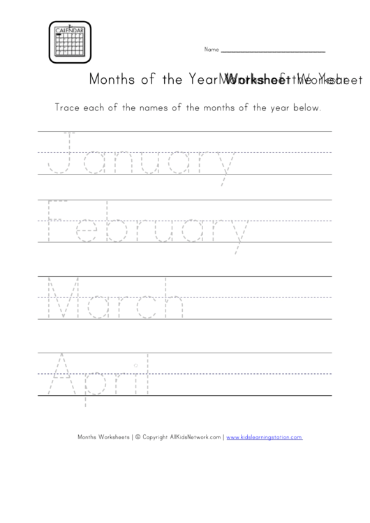 Months Of The Year Tracing Worksheet Printable pdf