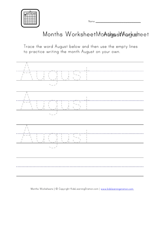 Months Tracing Worksheet - August Printable pdf