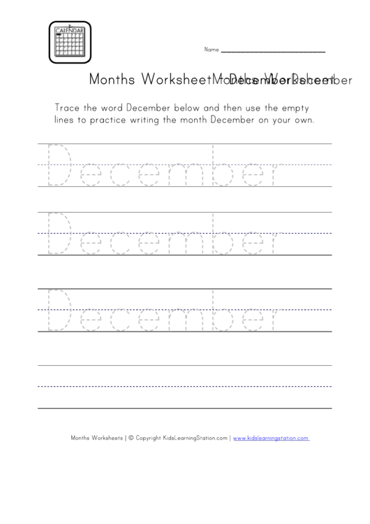 Months Tracing Worksheet - December Printable pdf