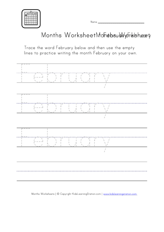Months Tracing Worksheet - February Printable pdf