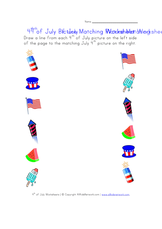 4th Of July Worksheet - Picture Matching Printable pdf