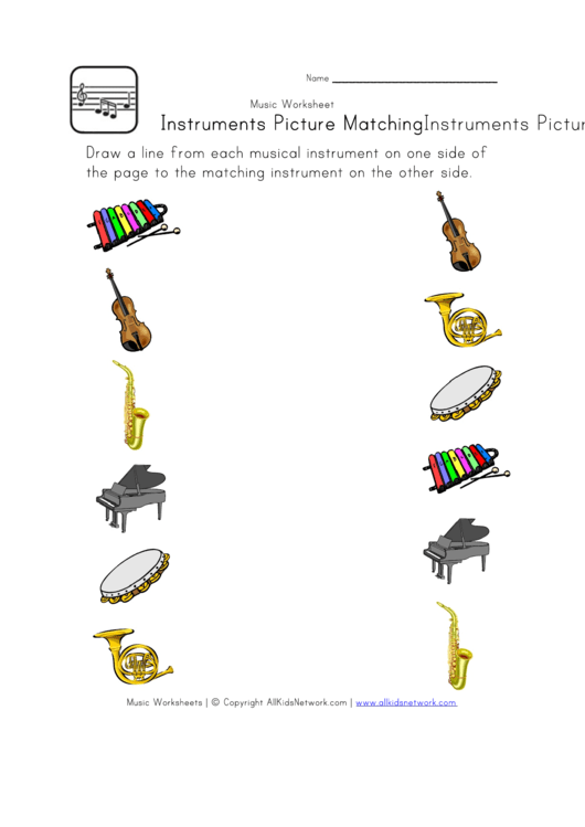Music Worksheet - Instruments Picture Matching Printable pdf
