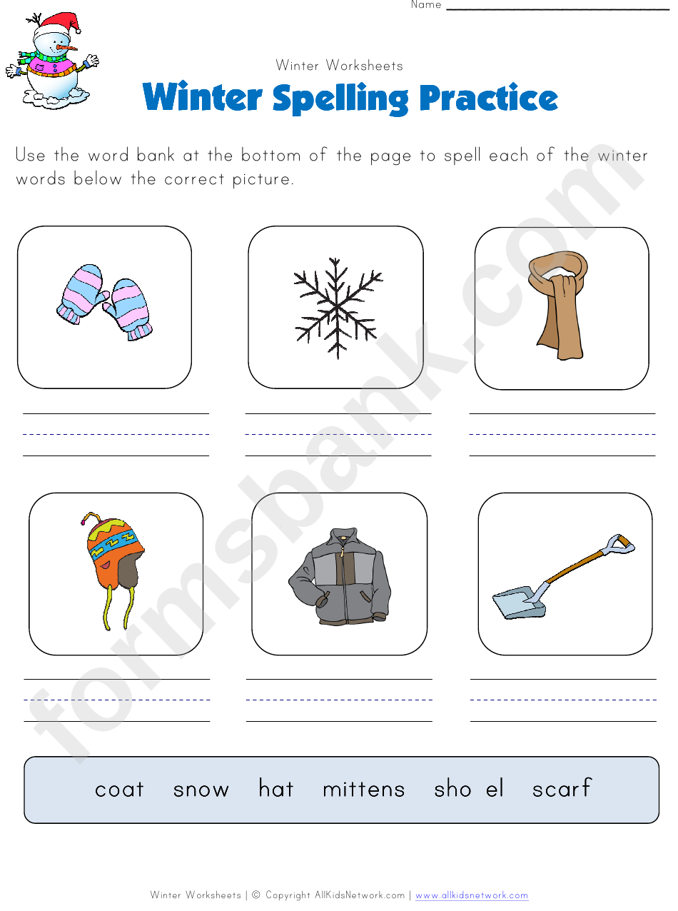 Winter Spelling Practice Worksheet