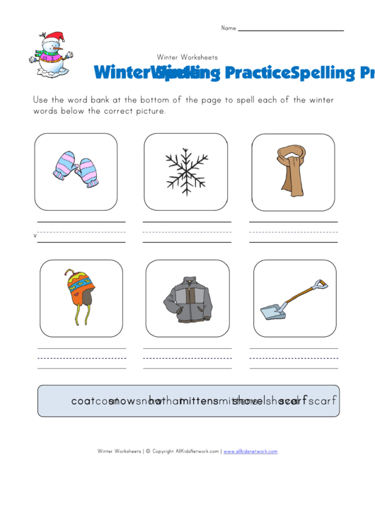 Winter Spelling Practice Worksheet Printable pdf