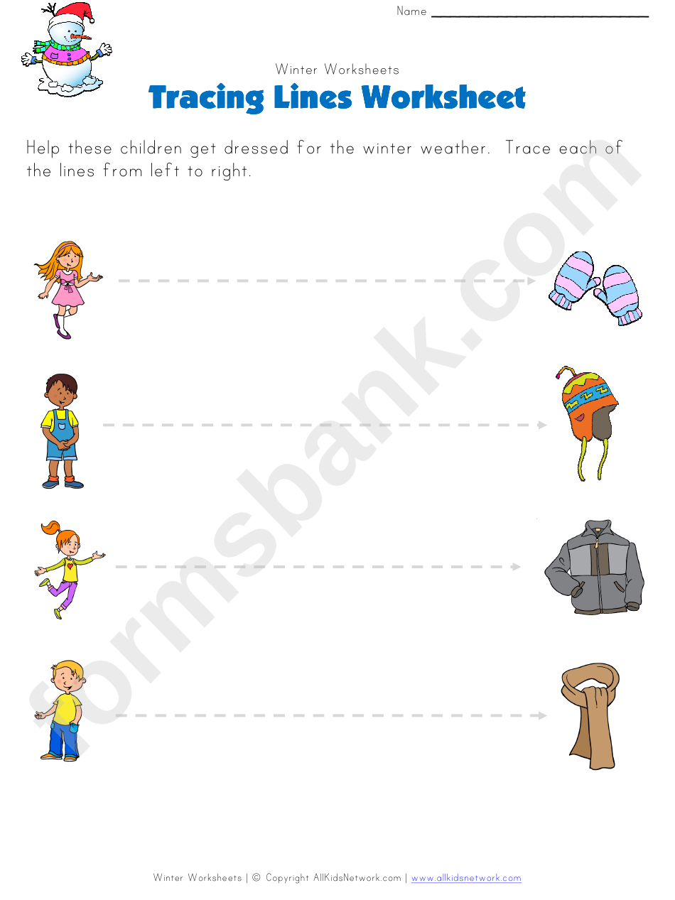 Winter Tracing Straight Lines Worksheet