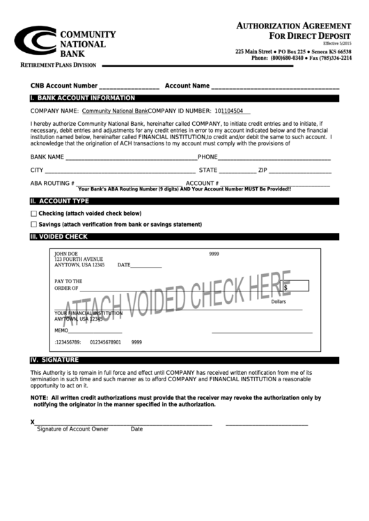 Fillable Form Authorization Agreement For Direct Deposit - Community National Bank Printable pdf