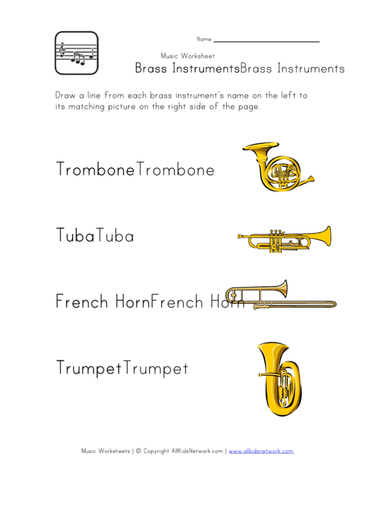 Music Worksheet - Brass Instruments Printable pdf