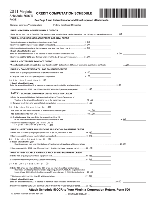 Schedule 500cr - Credit Computation Schedule - 2011 Printable pdf